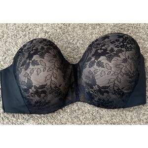Curvy‎ Couture Intimates Strapless Bra 42DDD Black Lace & Nude Underwire Padded